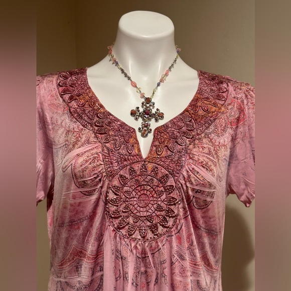 World Unity Asymmetrical Boho Light & Comfortable Blouse W Pinks & Orange SZ M - Picture 10 of 13